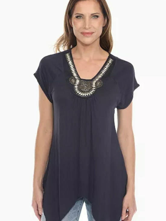 White Mark Tops - White Mark Navy Embellished V-Neck Tunic